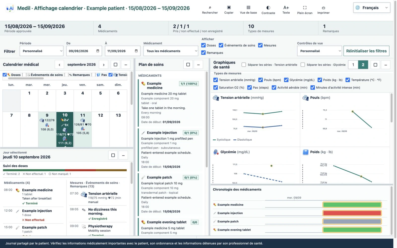 Affichage du calendrier sur ordinateur avec le calendrier médical, le Plan de soins, les graphiques de glycémie et d’autres mesures, ainsi que la chronologie des médicaments