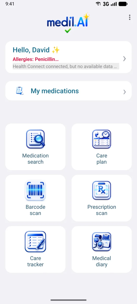 Medil AI home screen with access to search, reminders, dose tracking and the health diary