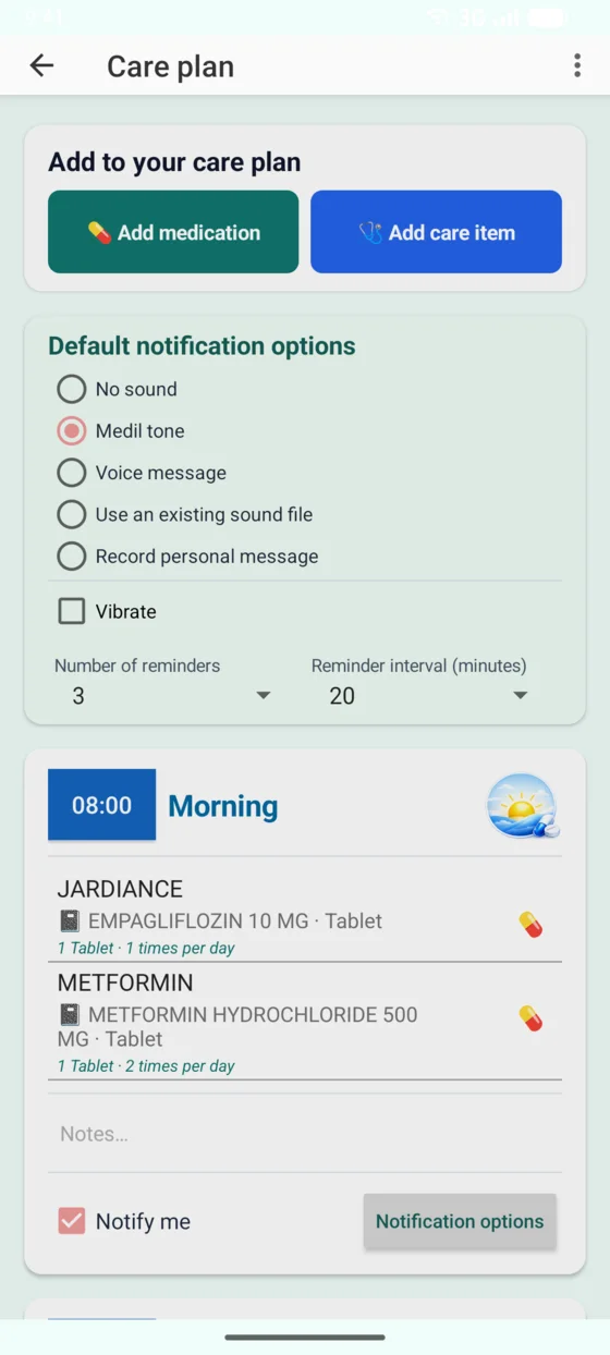 Care plan showing scheduled diabetes medicines and notification options