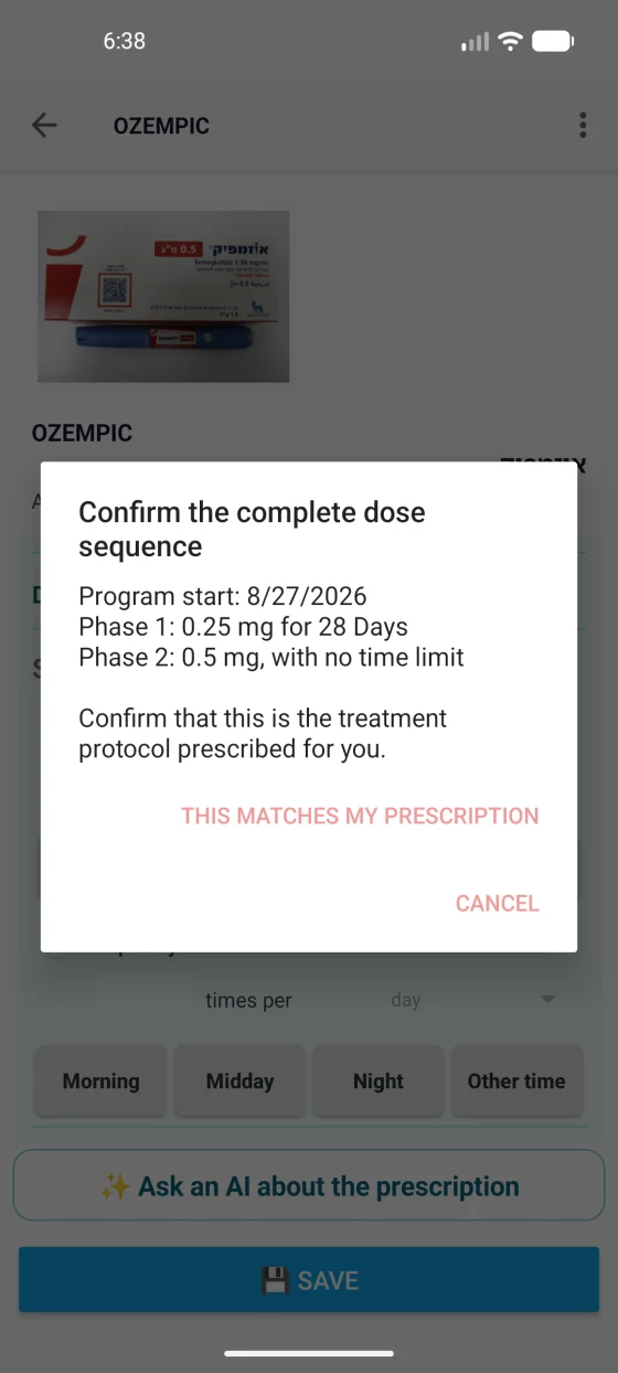 Ozempic example in Medil AI showing a confirmation dialog before a prescribed dose sequence is saved