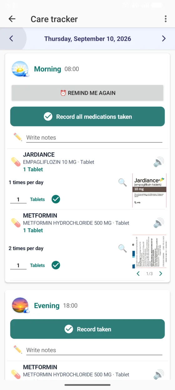 Care tracker showing scheduled medication events before confirmation