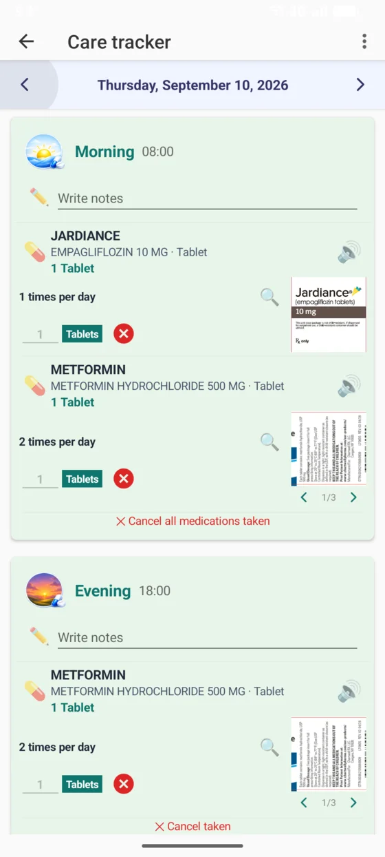 Care tracker showing confirmed medication events