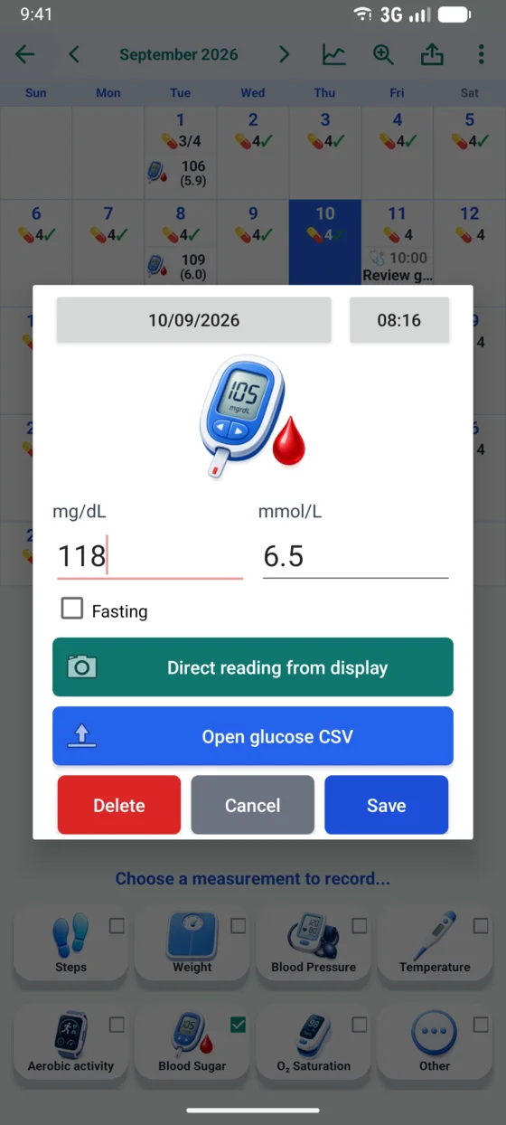 Blood-glucose entry screen with the camera-reading action ready to open — Android