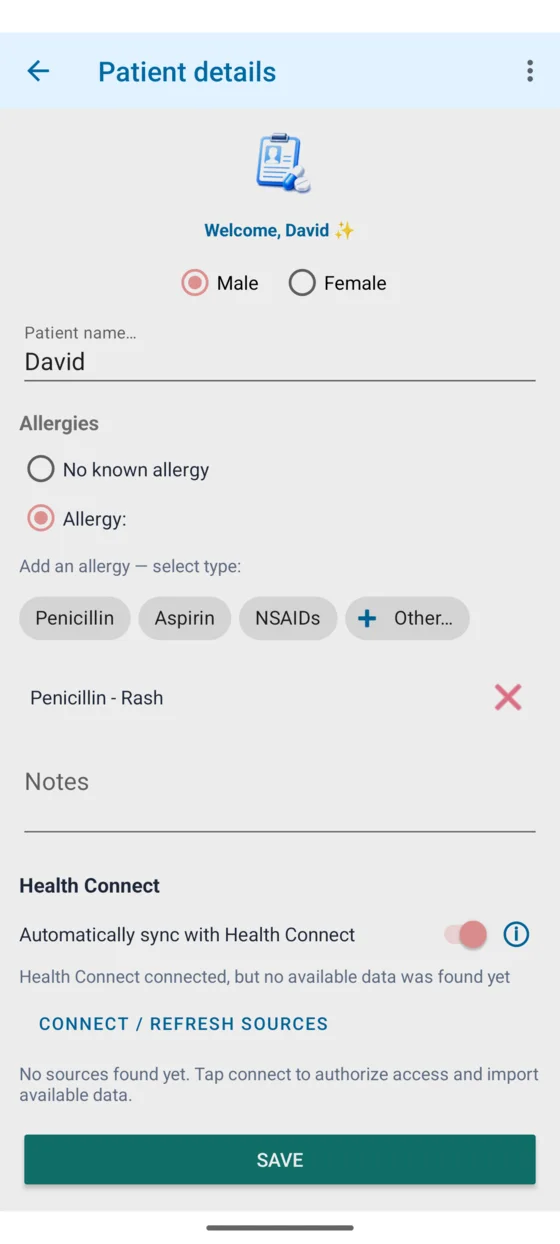 Health Connect connection controls in Medil AI on Android
