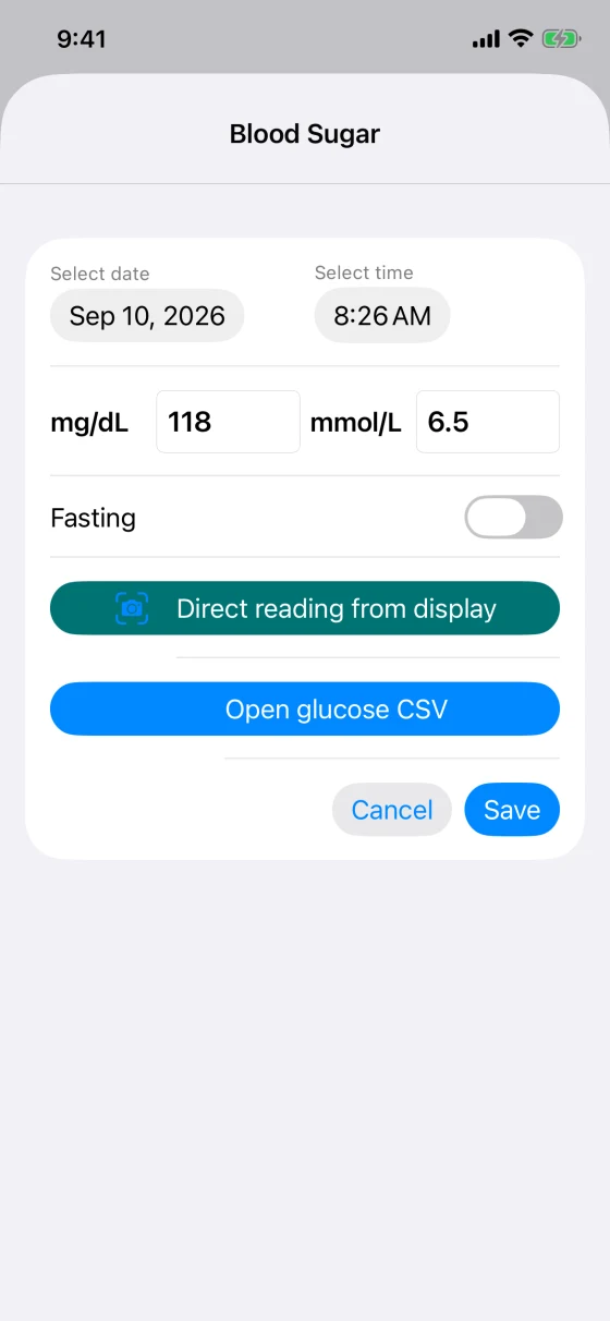 Blood-glucose entry screen with the camera-reading action ready to open — iPhone
