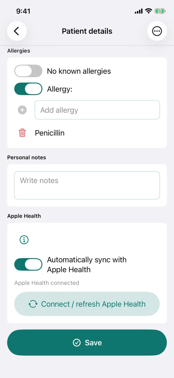 Apple Health connection controls in Medil AI on iPhone