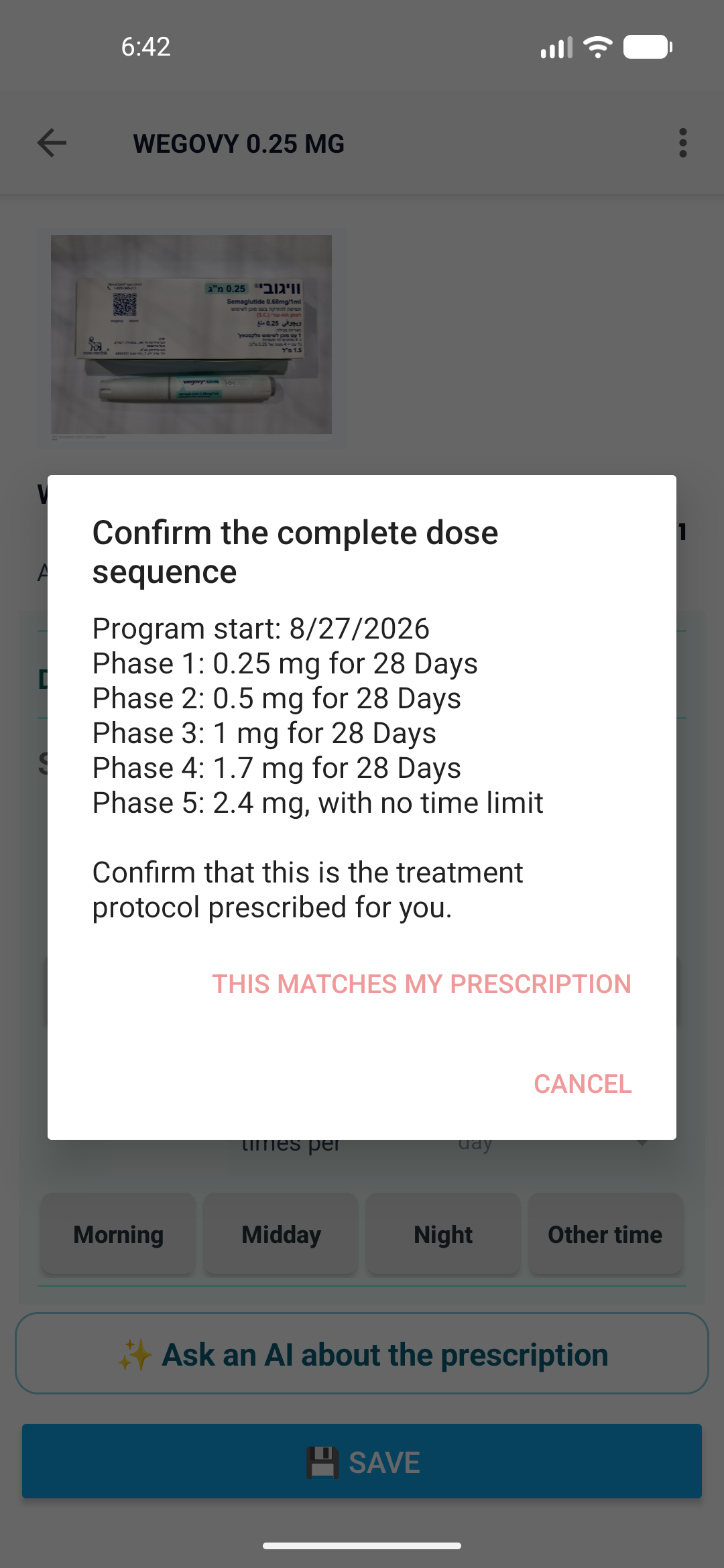 Medil AI confirmation dialog listing the stages of an example prescribed dose sequence before confirmation