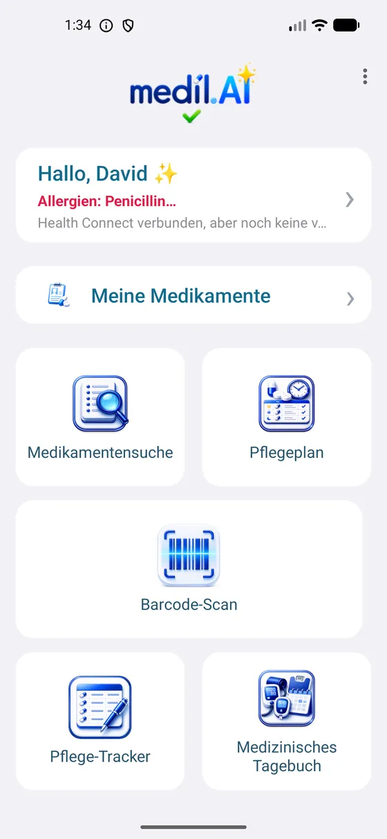 Startbildschirm von Medil AI mit Zugriff auf Suche, Erinnerungen, Einnahmeprotokoll und Gesundheitstagebuch