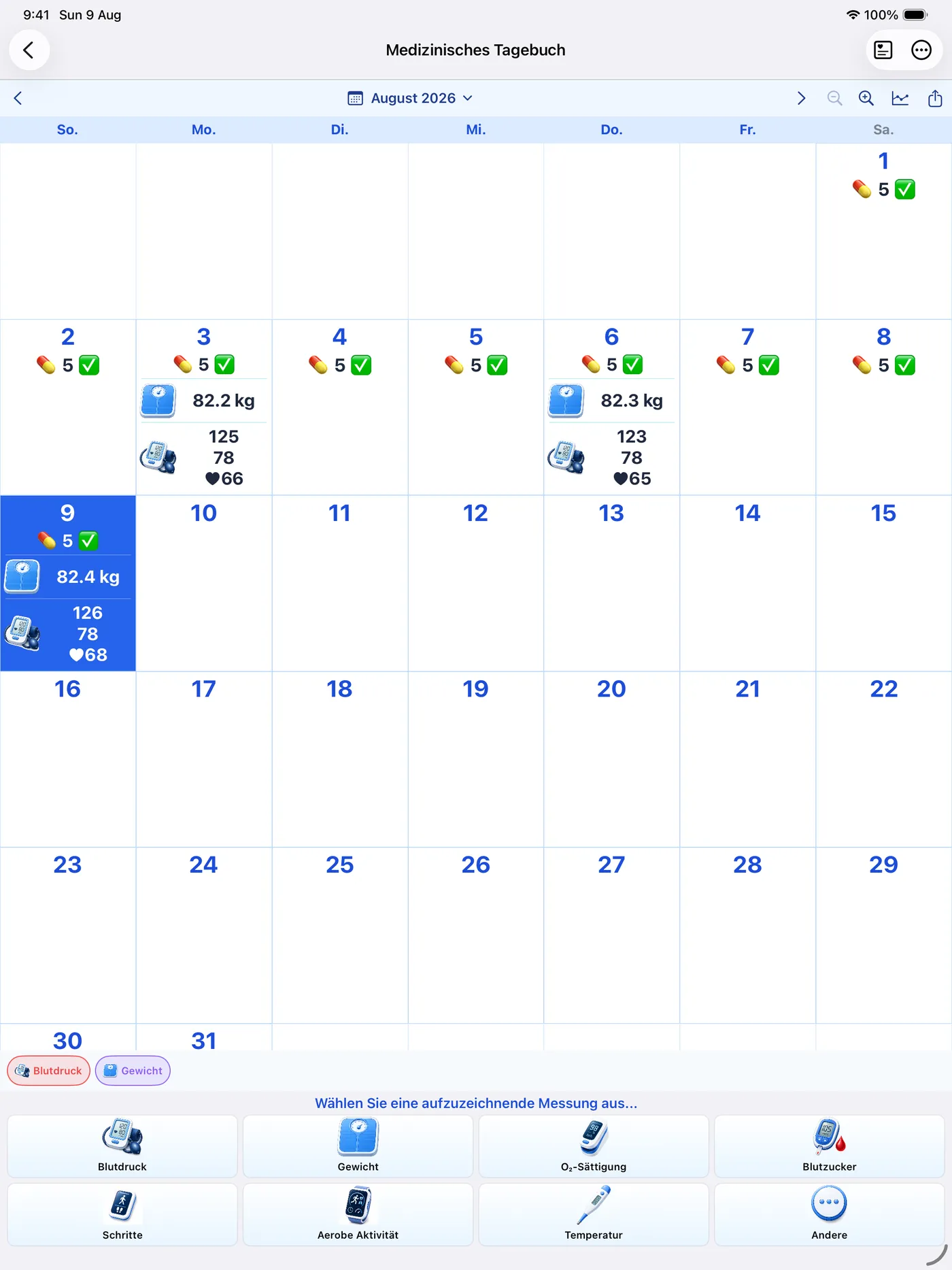 Medikamentenkalender mit erfassten Einnahmen und Gesundheitsmesswerten im Zeitverlauf