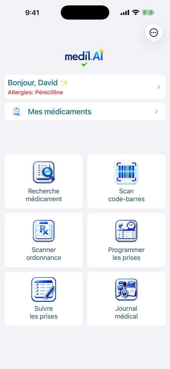 Écran d’accueil de Medil AI avec les fonctions de rappel et de suivi