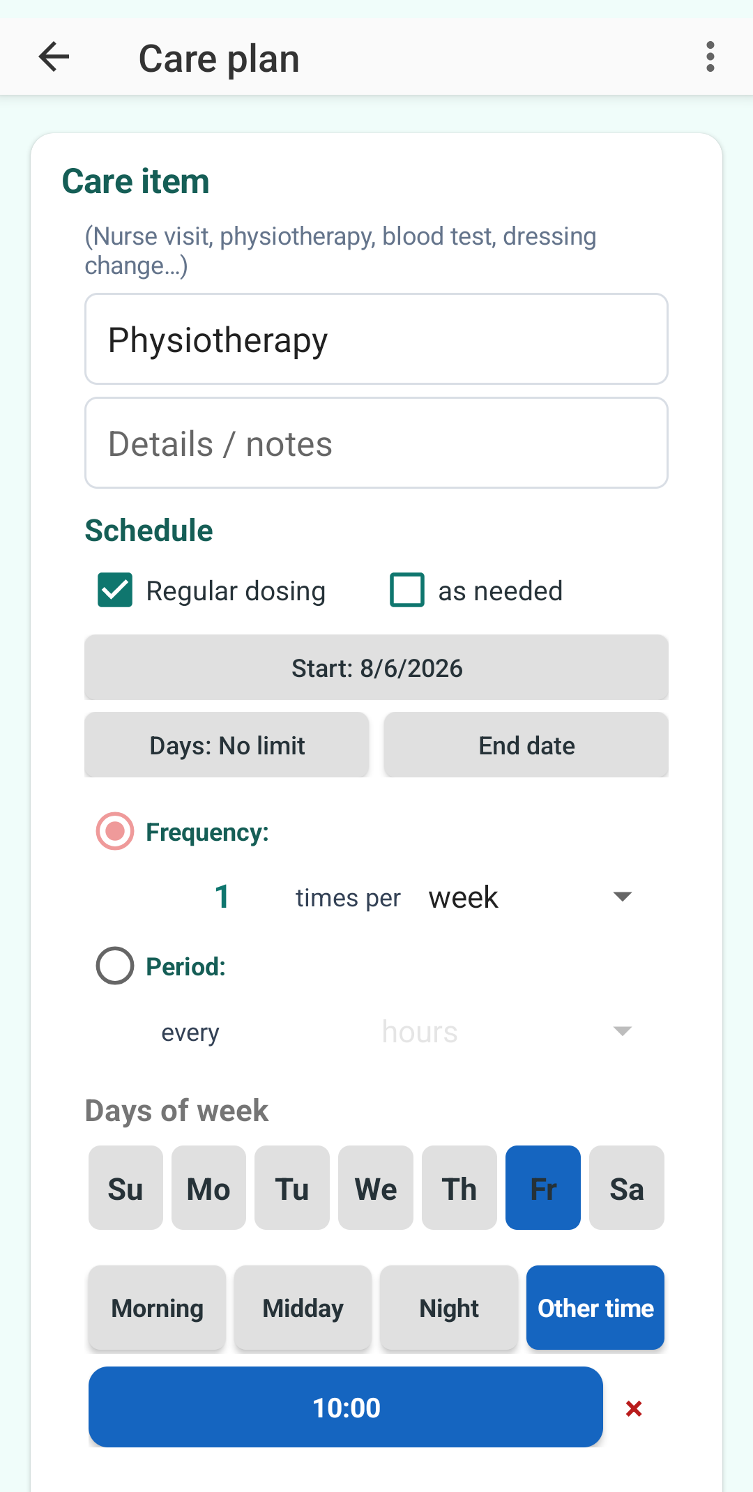 Weekly physiotherapy schedule on Android
