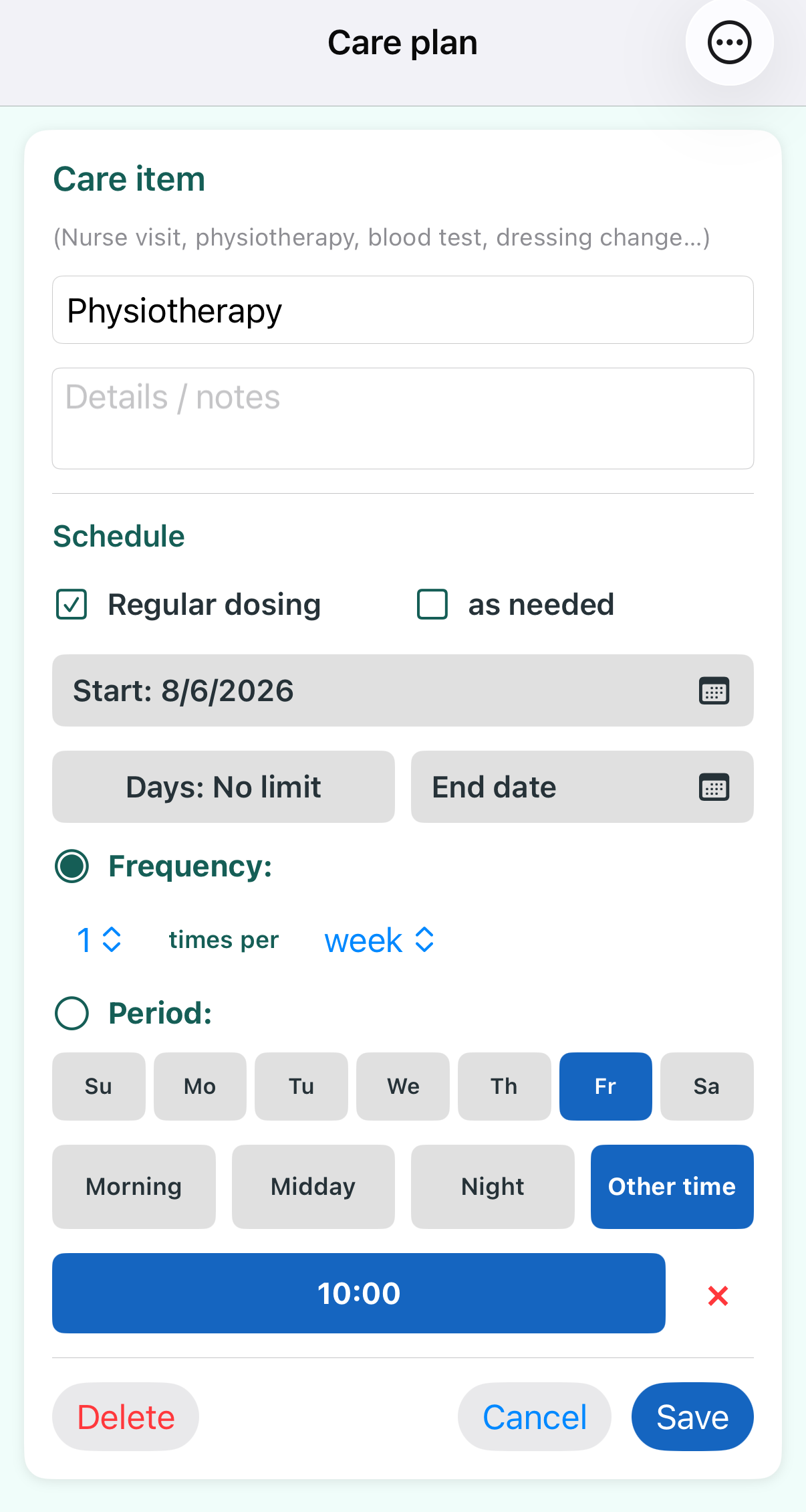 Weekly physiotherapy schedule on iPhone