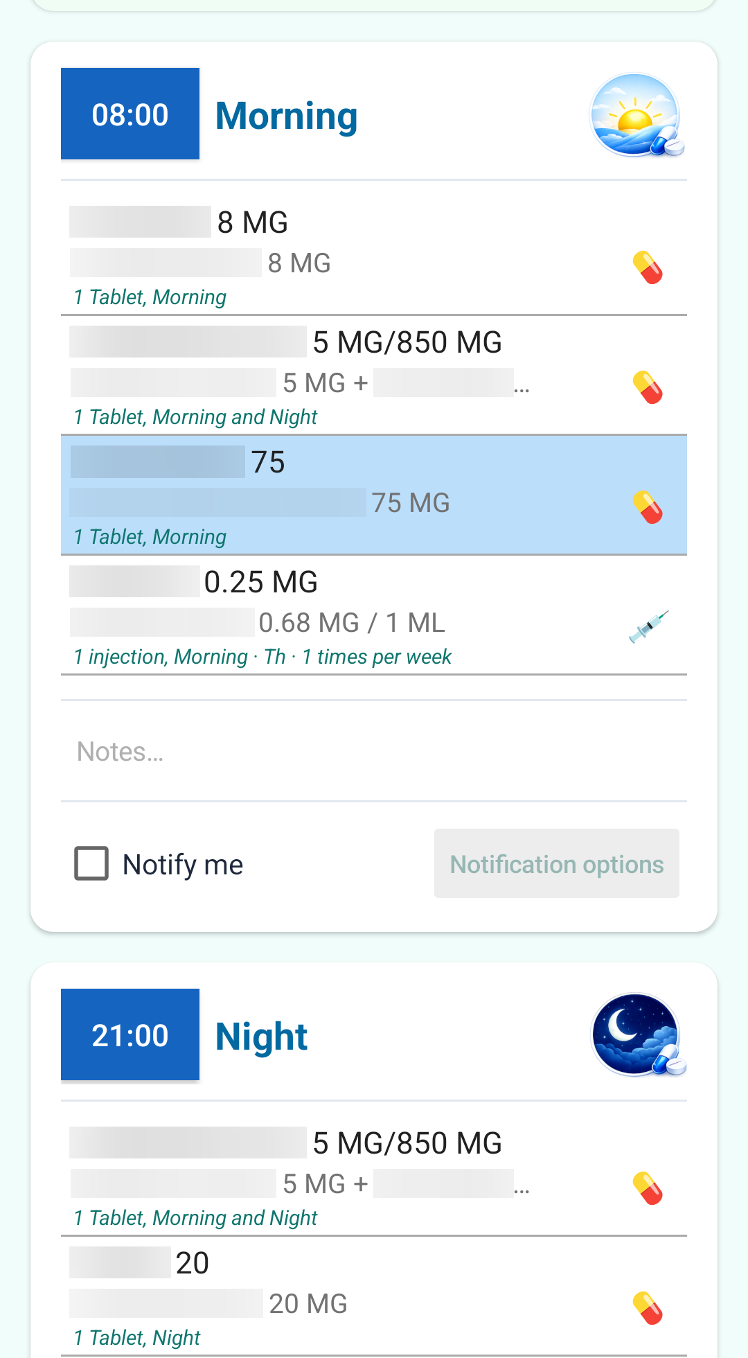 Redacted Care plan showing several medication schedules