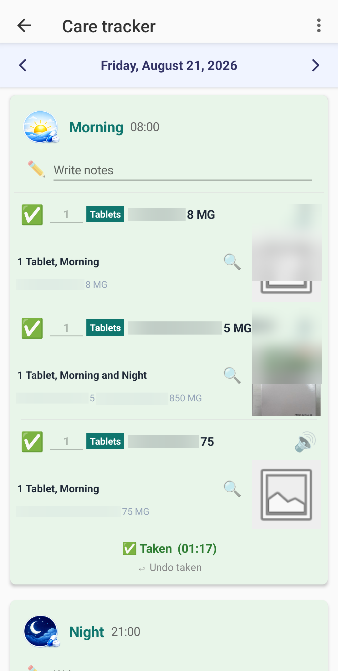 Redacted Care tracker showing prescribed quantities and completed doses